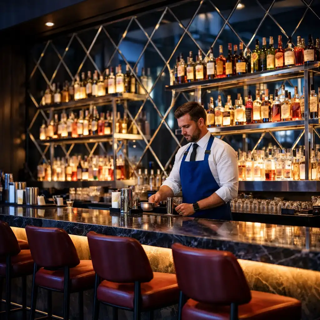 Bar Dinner Parlor z ciemnym marmurowym blatem, lustrami w kształcie rombów i podświetlaną kolekcją alkoholi