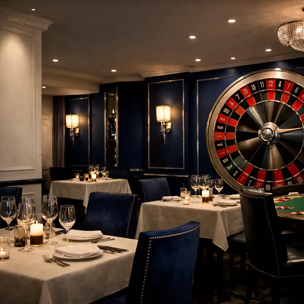 Eleganckie wnętrze restauracji Dinner Parlor z dekoracyjnym kołem ruletki i stołem pokerowym