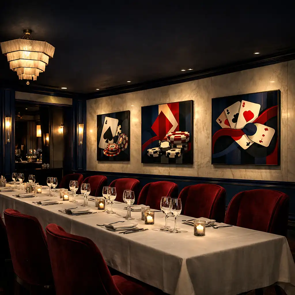 Eleganckie wnętrze Dinner Parlor z alabastrowymi ścianami, ultramarynowymi akcentami i ciemnowiśniowymi meblami