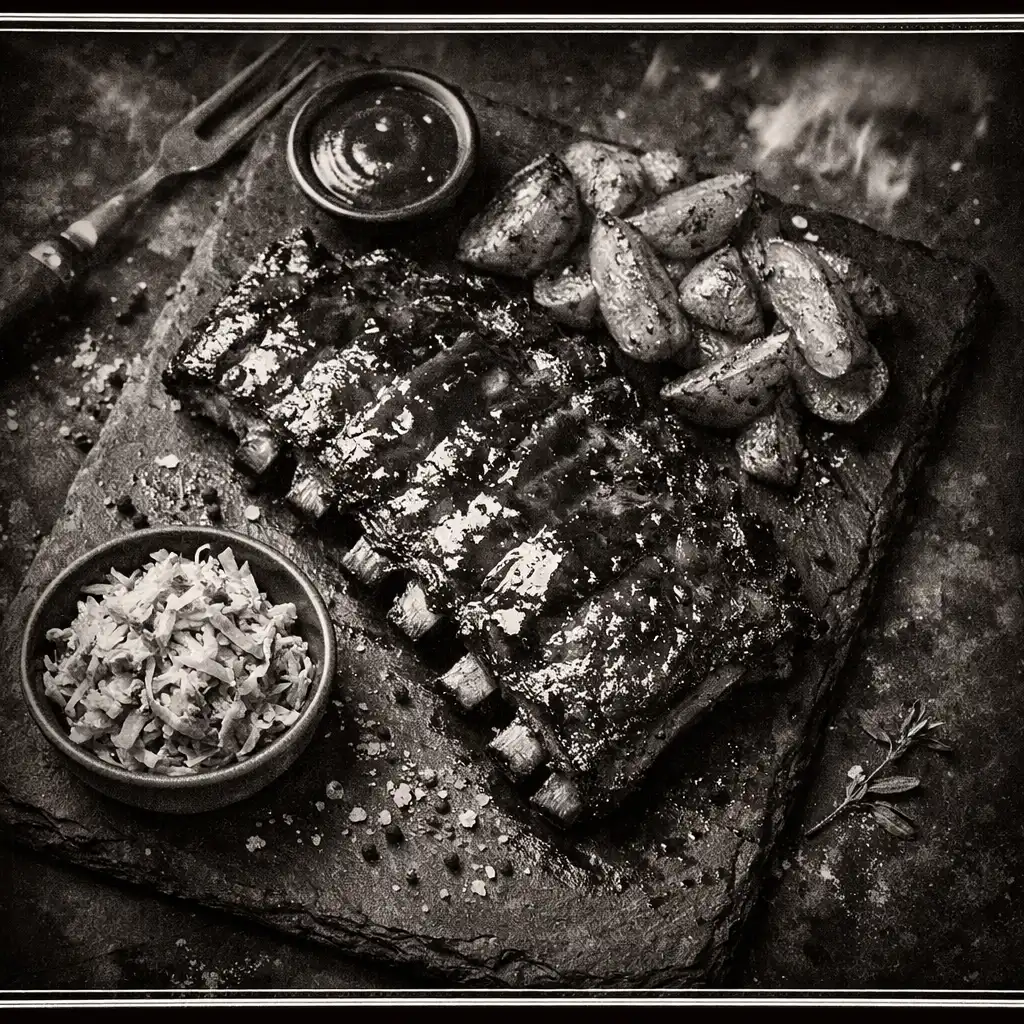 Żeberka w glazurze BBQ podane na ciemnej desce z coleslaw i pieczonymi ziemniakami