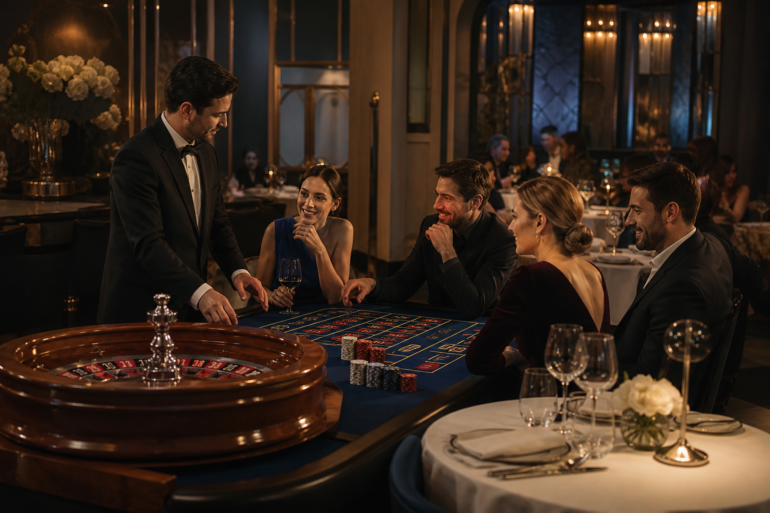 Goście podczas towarzyskiego wieczoru z ruletką w eleganckiej restauracji