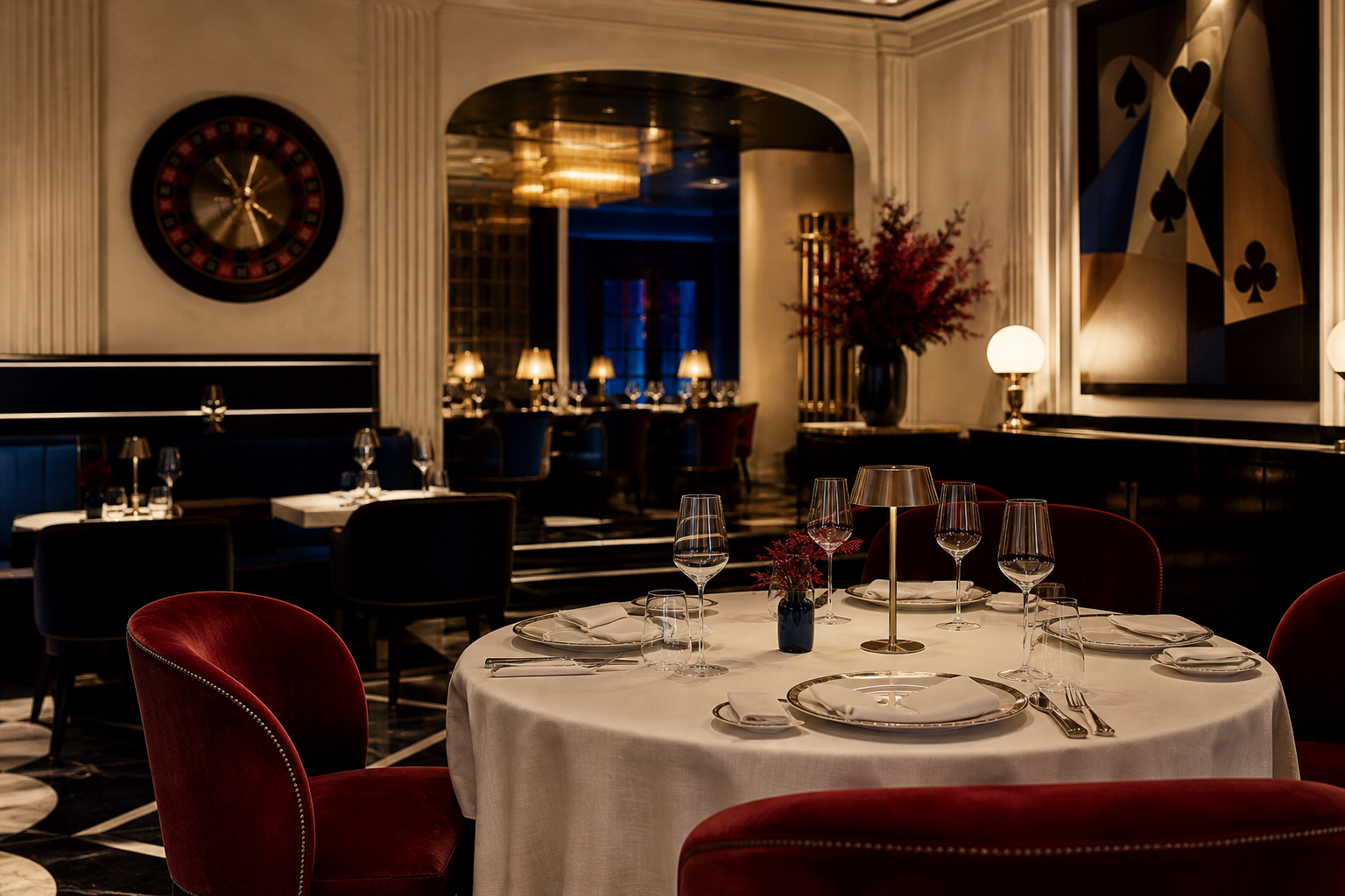 Elegancka sala Dinner Parlor z nakrytym stołem, wiśniowymi fotelami i subtelnymi motywami kasyna