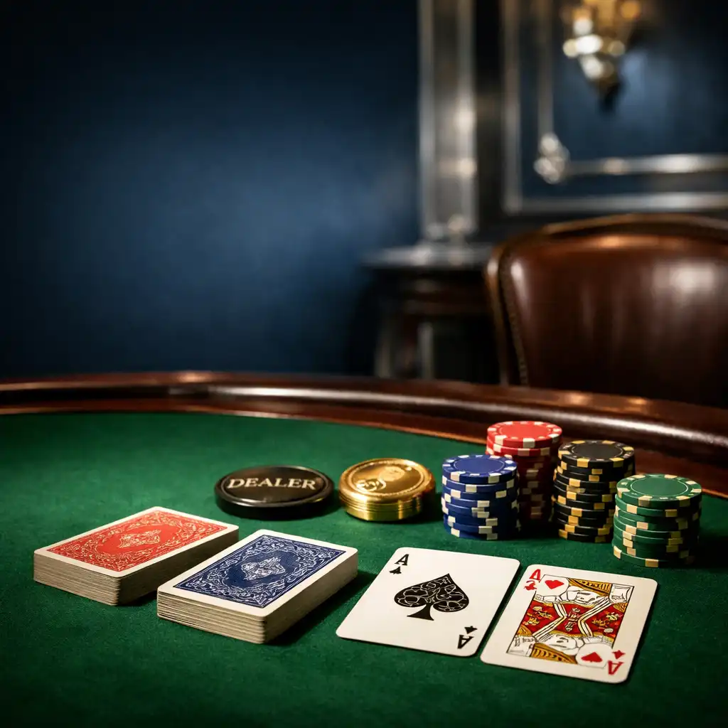 Stylizowany stół pokerowy z zielonym suknem i dekoracyjnymi żetonami w Dinner Parlor