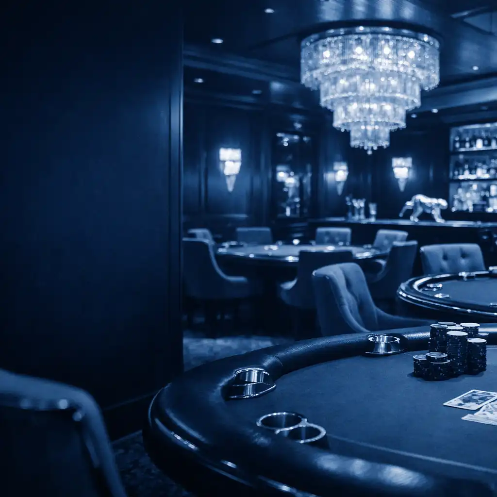 Elegancka sala pokerowa w Dinner Parlor z zielonym suknem, ciemnymi ścianami w kolorze ultramaryny i nastrojowym oświetleniem