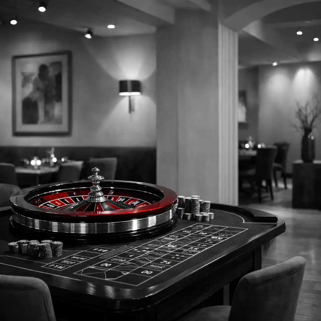 Elegancki stół do ruletki w stylowej restauracji Dinner Parlor z przyciemnionym oświetleniem