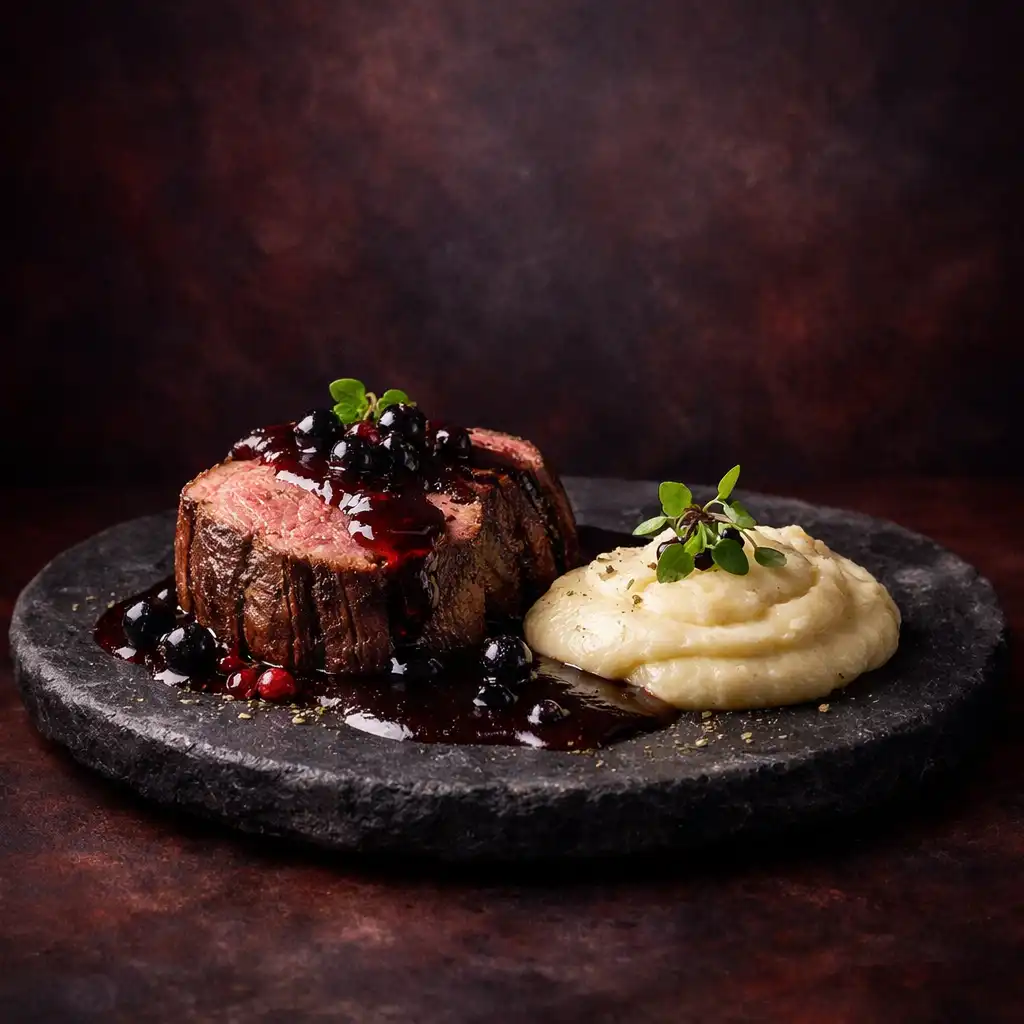Polędwica wołowa sous-vide z sosem z czarnej porzeczki i puree z selera na ciemnym talerzu